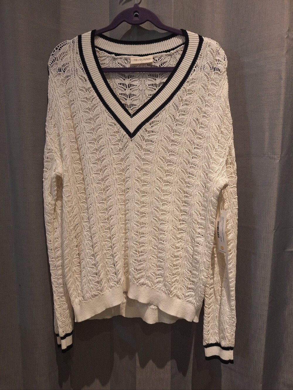 78 & Sunny Sandyshores Pointelle Cream V-Neck Open-Knit Sweater with Navy Trim